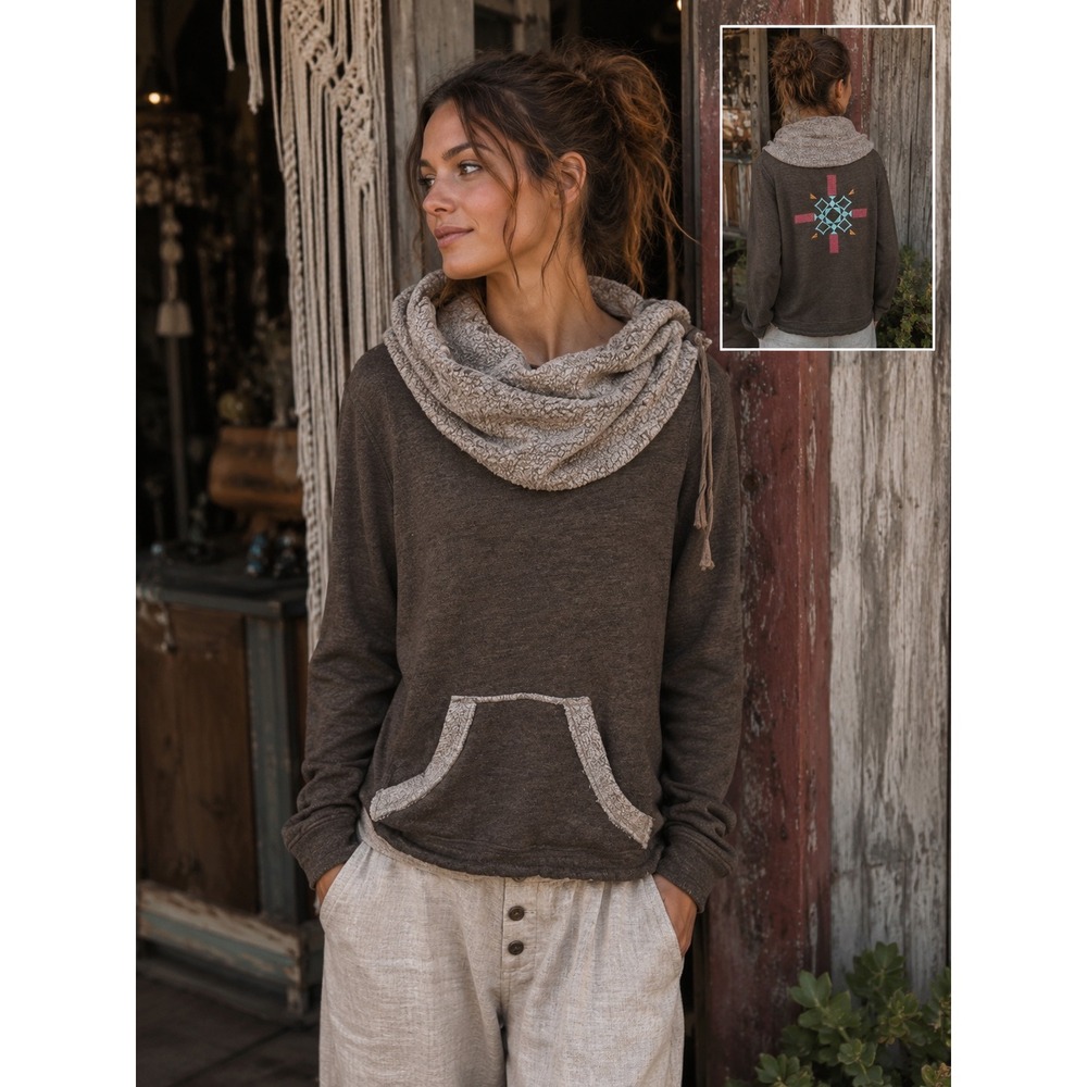 Gypsy 05 Embroidered Aztec Cowl Neck Sweatshirt Boho Western S Brown Casual USA